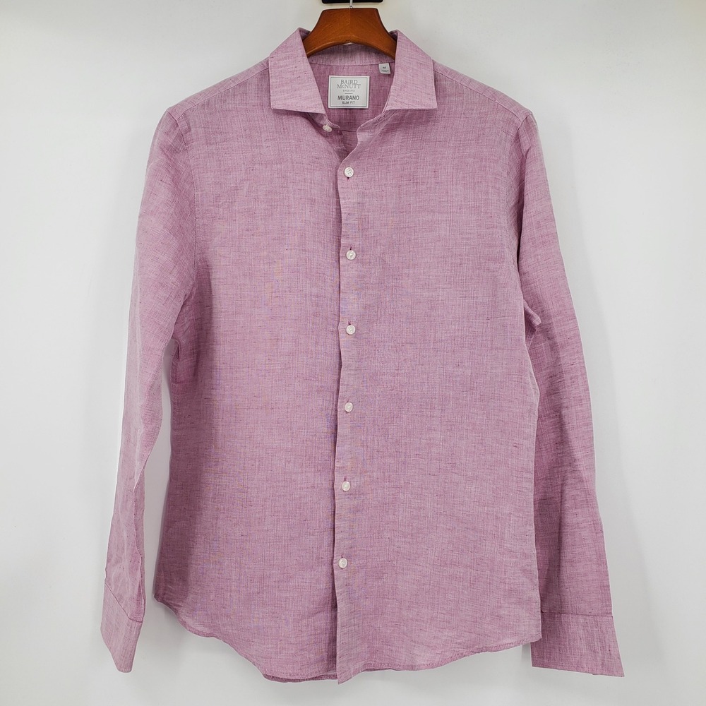 Murano Baird McNutt Slim Fit Linen Blend Button Down Shirt Purple Mens Medium